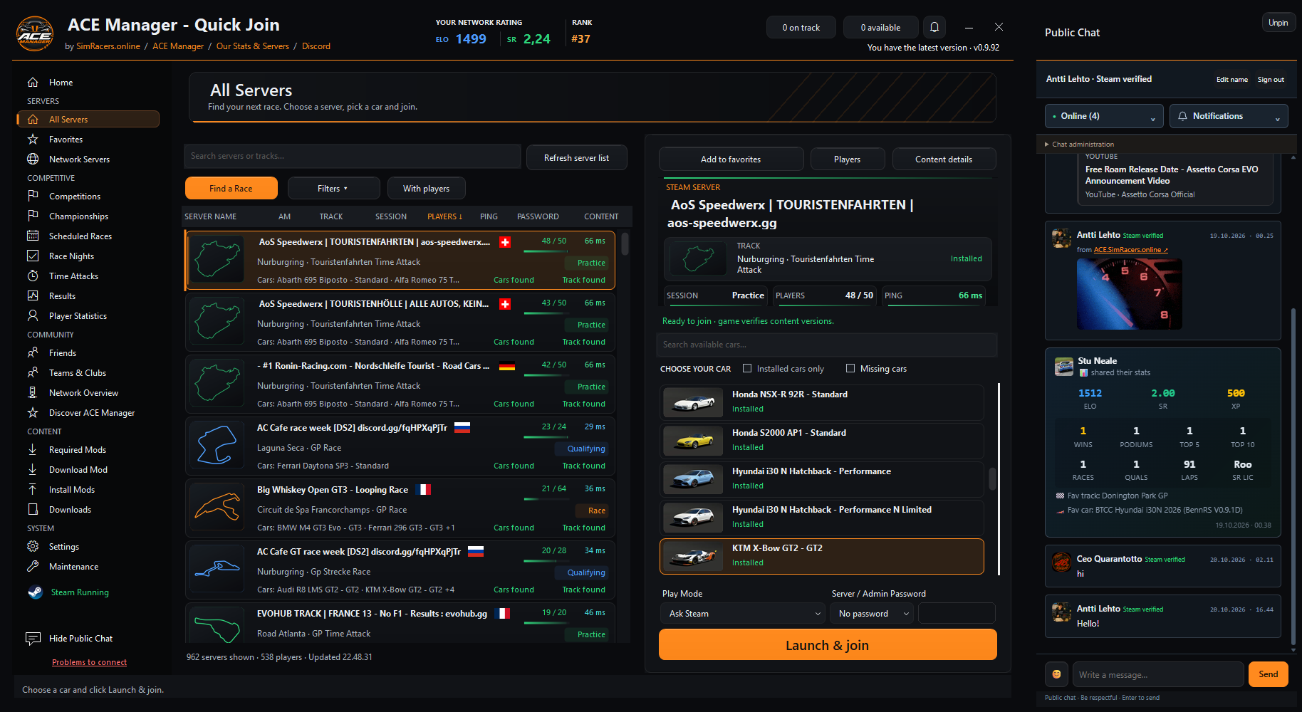 ACE Manager Quick Join: servers, cars and public chat