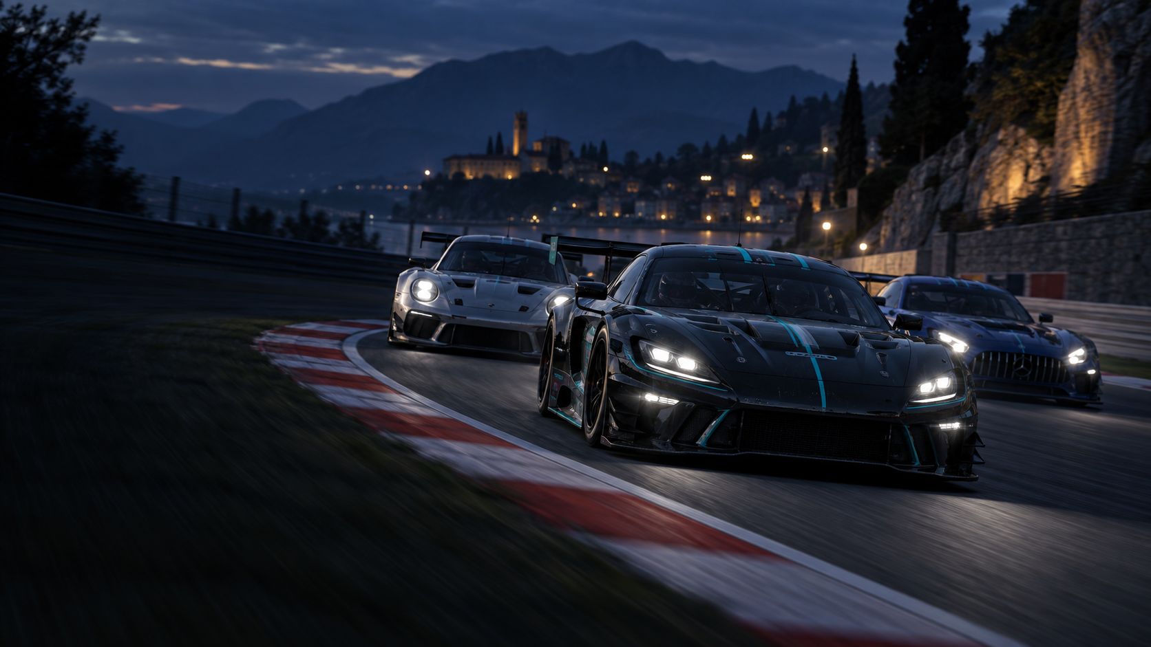 GT cars racing closely together on a circuit