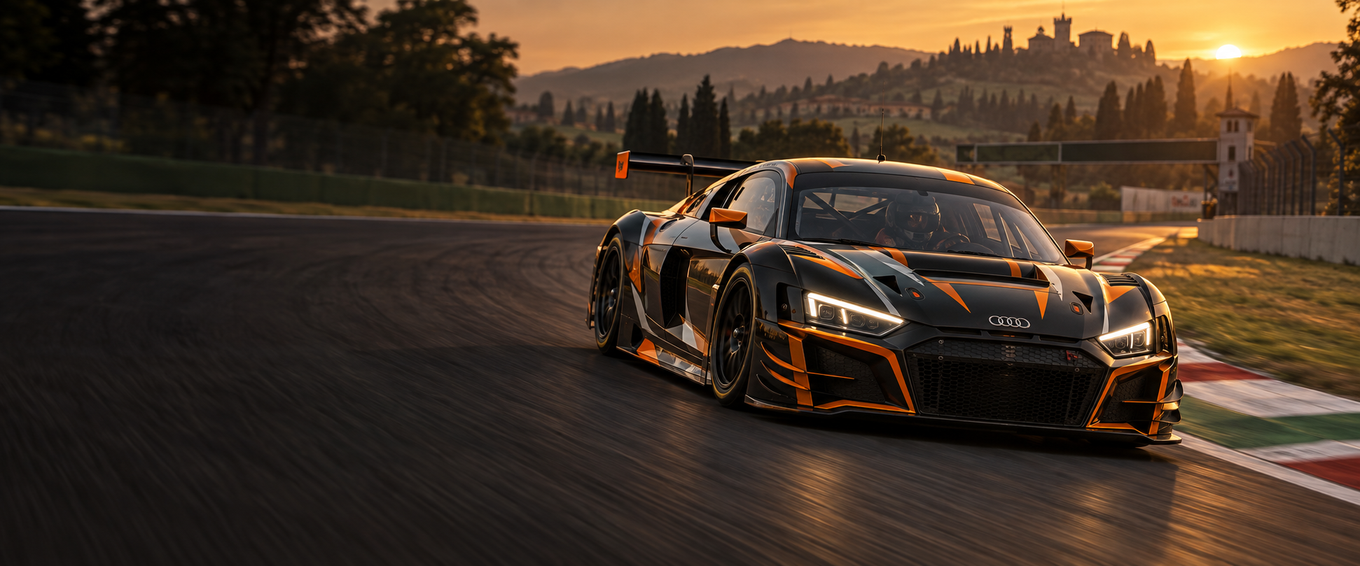 A black and orange Audi R8 GT3 racing at Imola in warm evening light